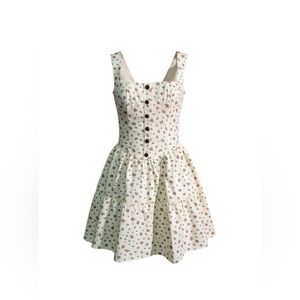FORE Floral Square Neck Button Front‎ Tiered Mini Dress Ivory Multi Size L